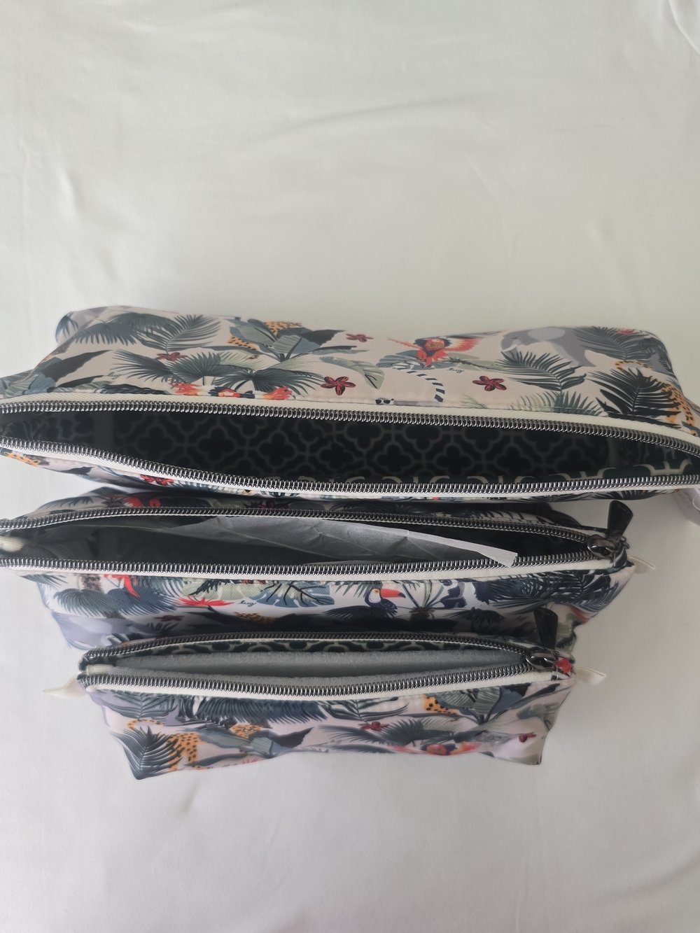 Tropical Print 3 Piece Cosmetic Pouch Set - Wildlife Cream - Picture 4 of 16